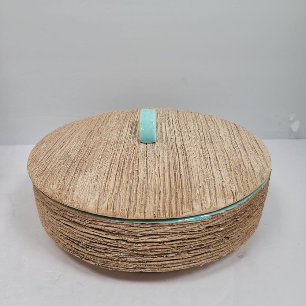 VTG Ruf Ware Bonita Creations Beverly Hills Wood & Aqua Ceramic Bowl Modern MCM - Picture 3 of 8